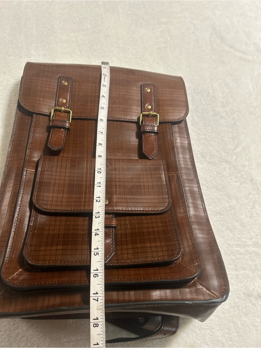 Fossil Brown Plaid Leather Backpack Vintage Style Buckle Bookbag - Picture 7 of 10